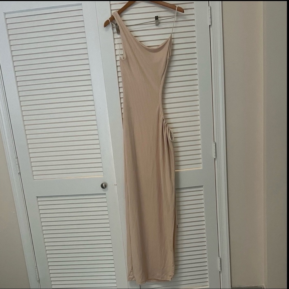 One-Shoulder Beige Ribbed Maxi Dress w/ Open Side and Tie at the Waist